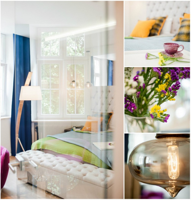 W białej i wysokiej sypialni zastosowano sporo różnokolorowych dodatków. Żółte poduszki na łóżku, zielony pled czy...