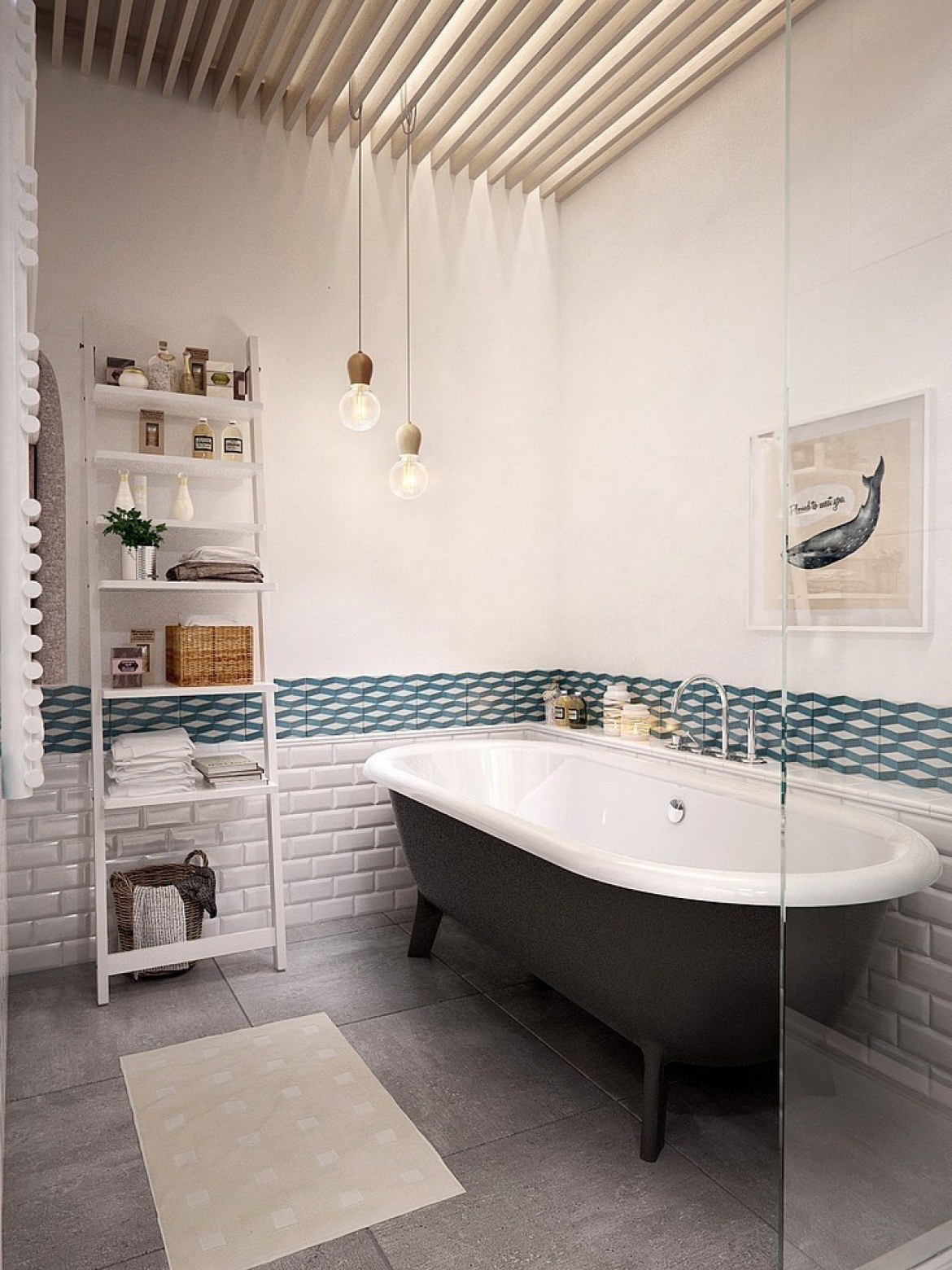 Biała drabinka z pólkami,żarówki na kablu,płytka biała cegielka,szara betonowa posadzka i turkusowy dekor na scianie w łazience (24815)