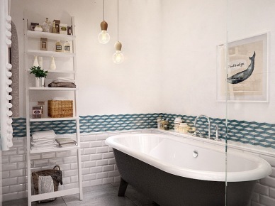 Biała drabinka z pólkami,żarówki na kablu,płytka biała cegielka,szara betonowa posadzka i turkusowy dekor na scianie w łazience (24815)