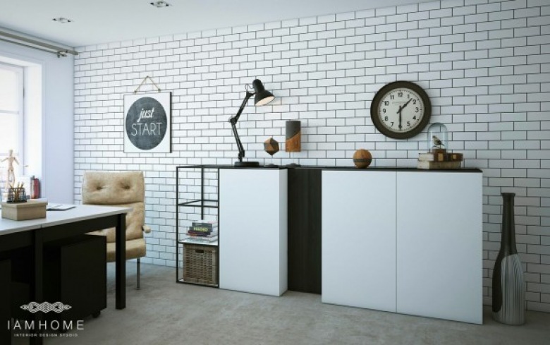 Ściana z białej cegły,biało-czarne nowoczesne komody i szafki i czarne detale w dekoracji salonu (26894)