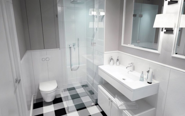 Płytki w łazience biało-czarne tworzace kratę sa fenomenalne. Szare ściany gaszą orginalna podłogę.