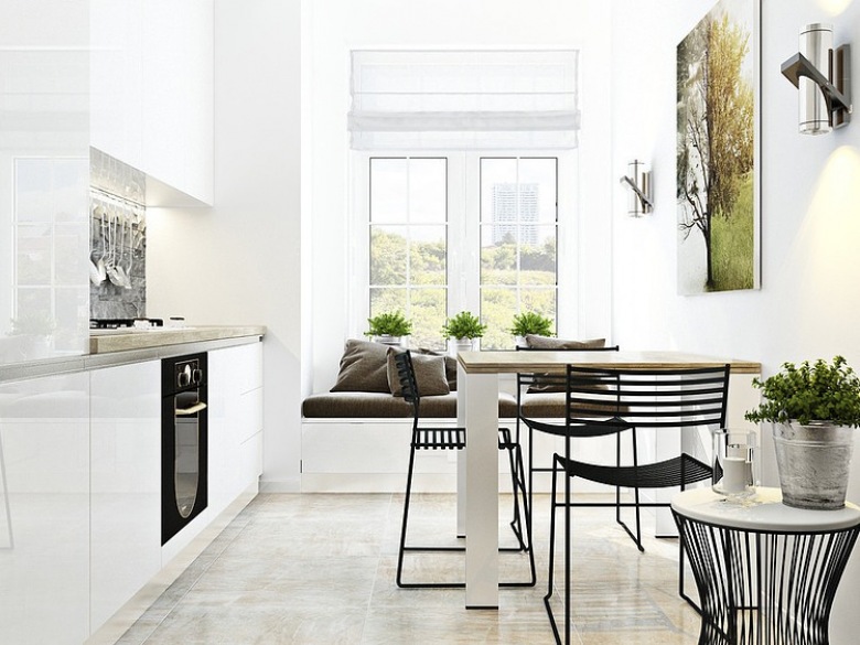 Biała kuchnia nowoczesna , nowoczesna fotografia na scianie w białej jadalni z czarnymi metalowymi krzesłami i wbudowaną ławką pod oknem (25467)