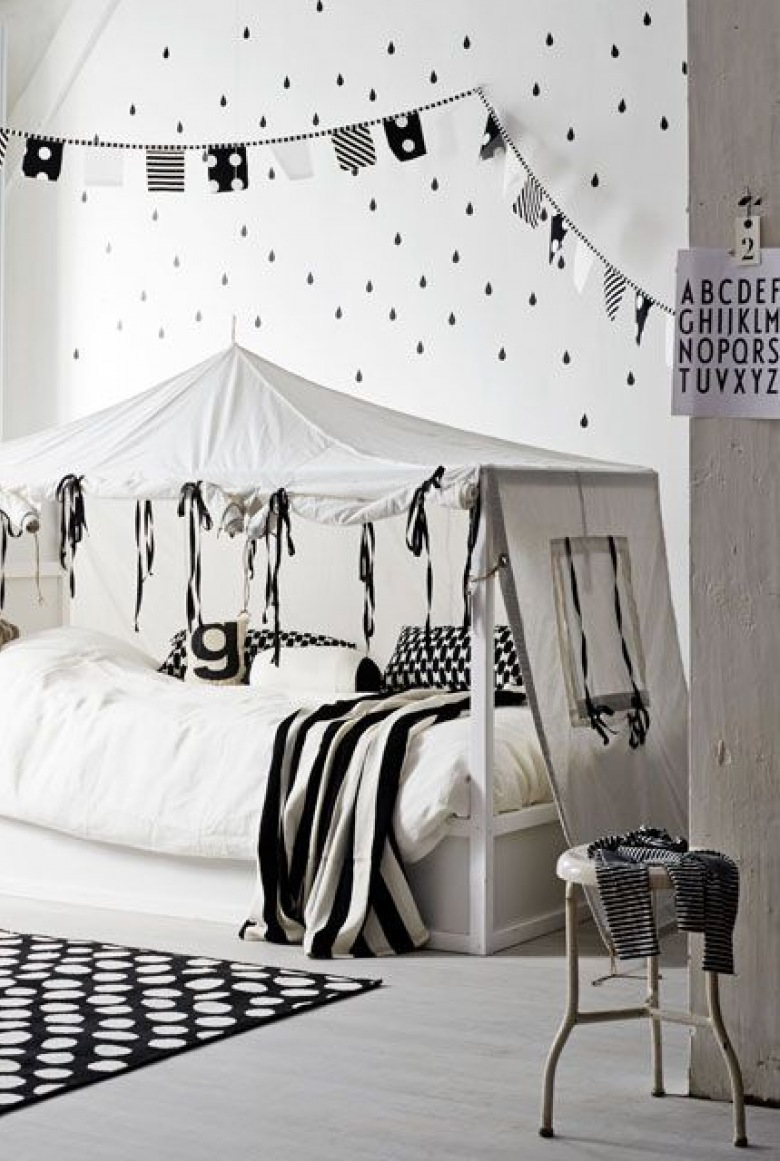 Biało-czarny pokój dla dziecka,łóżko z baldachimem w pokoju dziecięcym,dziecięce łóżko z baldachimem (39718)