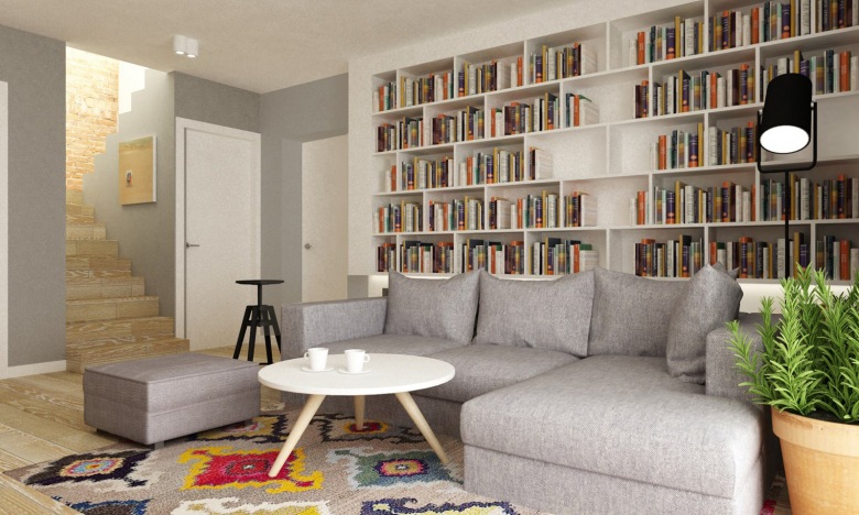 Szara sofa i wzorzysty dywan w salonie (50037)