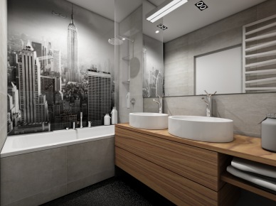 Szklany panel z fototapeta przy prostokatnej wannie,owalne umywalki naszafkowe i szara płytka betonowa w nowoczesnej łazience (26046)