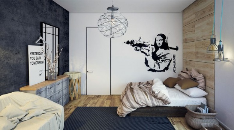 Drewniane panele na ścianie, naklejka biało-czarna i betonowa struktura na ścianie w sypialni (26870)