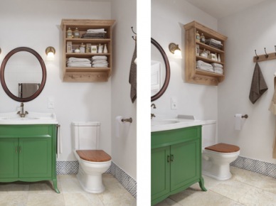 Francuska zielona komoda, drewniane półeczki i wieszaki w aranżacji łazienki (22808)