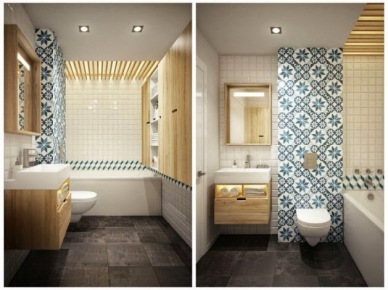 Betonowe płytki na posadzce,biało-niebieska glazura hiszpańska,drewniana sklejka na ścianie i zabudowie umywalki w łazience (26857)
