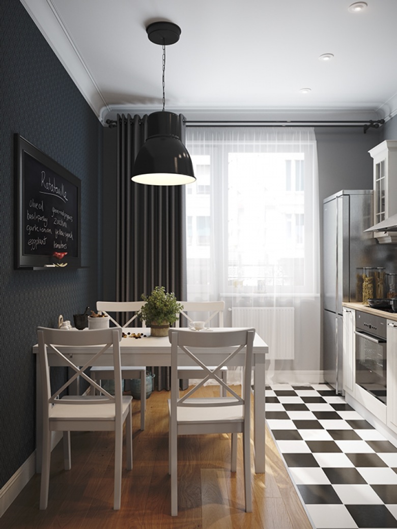 Czarna ściana w kuchni,biały stół z krzesłami w skandynawskiej kuchni z podłogą w szachownicę,skandynawska kuchnia, czarno-białe płytki w kuchni,czarno-biała szachownica na podłodze w kuchni,szachownica na podłodze we wnętrzach,podłoga (38889)